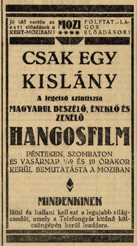 90 éve, 1930. június 27-én vetítettek először hangosfilmet Kecskeméten