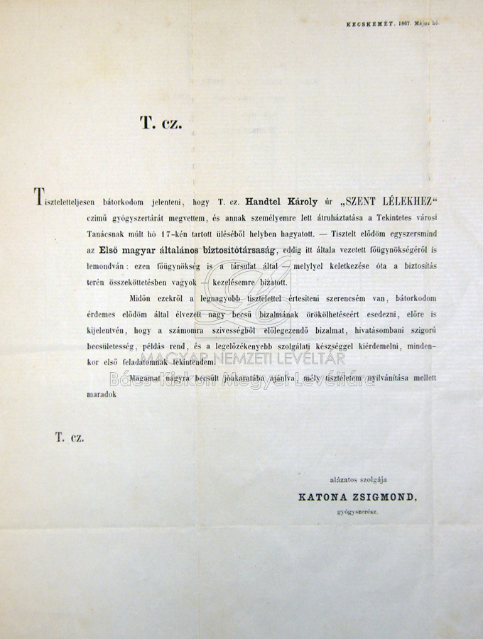 Katona Zsigmond értesítője a Handtel-féle gyógyszertár átvételről (1867) 