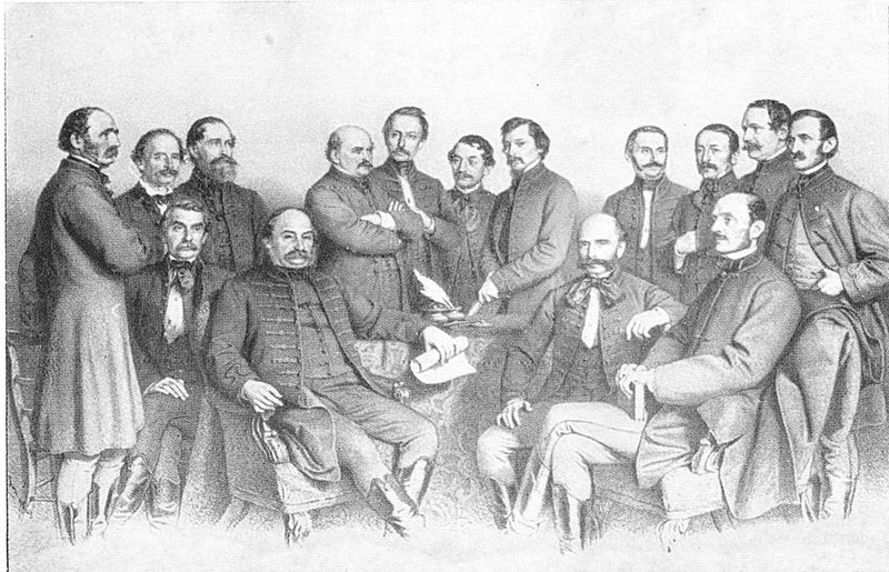 A Pesti Egyetem Orvoskarának tanárai, 1863-ban. Semmelweis keresztbe tett karral áll.