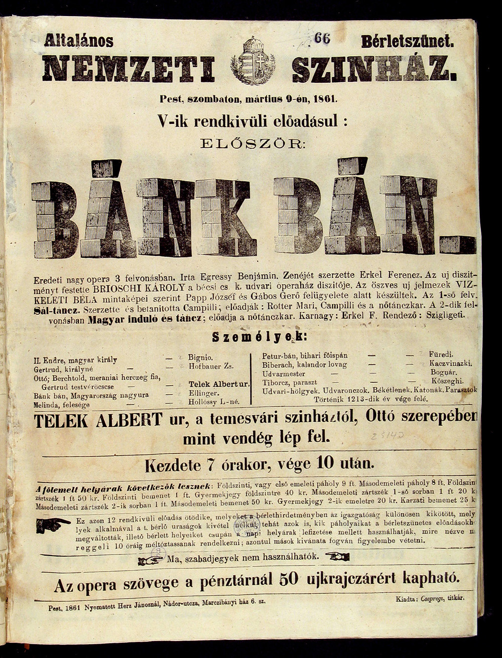 A bemutató előadás színlapja